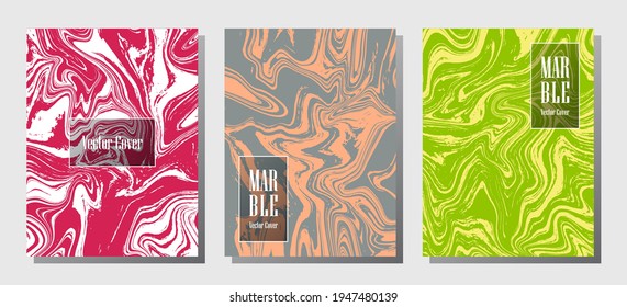 Geometric marble prints, vector cover design templates. Fluid marble stone texture iInteriors fashion magazine backgrounds  Corporate journal patterns set of liquid oil waves. Report covers.