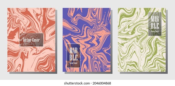 Geometric marble prints, vector cover design templates. Fluid marble stone texture iInteriors fashion magazine backgrounds  Corporate journal patterns set of liquid paint waves. Posters set.