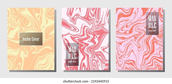 Geometric marble prints, vector cover design templates. Fluid marble stone texture iInteriors fashion magazine backgrounds  Corporate journal patterns set of liquid clay waves. Cover pages set.