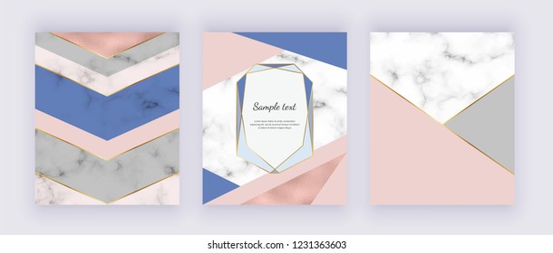 Geometric marble, rose gold foil texture with pink and blue triangular shapes. Modern covers design backgrounds. Templates for wedding invitation, banner, card, flyer, poster, save the date
