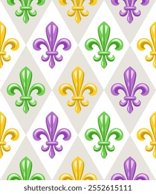 Geometrisches Mardi-Gras-Muster mit Fleur de lis-Symbol auf weißem Hintergrund. Diagonale klassische rautenförmige Rhombus-Gitter. Harlekin-Ornament.