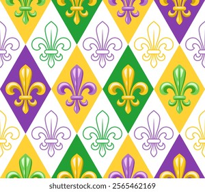 Geometric Mardi Gras pattern with Fleur de lis symbol. Diagonal classic diamond shaped rhombus grid. Harlequin ornament. Bright colors on white.