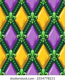 Geometric Mardi Gras pattern with green Fleur de lis symbol, strings of beads. Diagonal classic rhombus grid. Harlequin volumetric ornament. Vintage style.