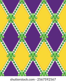 Geometric Mardi Gras pattern with green Fleur de lis symbol, strings of beads. Diagonal rhombus grid. Harlequin ornament. Vintage style.