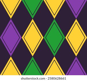 Geometric Mardi Gras pattern with Harlequin ornament. Diagonal rhombus grid. Flat simple style. Vintage style.