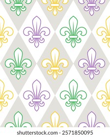 Geometric Mardi Gras pattern with outline icons of Fleur de lis symbol on white background. Diagonal classic diamond shaped rhombus grid. Harlequin ornament.