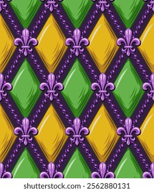 Geometric Mardi Gras pattern with purple Fleur de lis symbol, strings of beads. Diagonal classic rhombus grid. Harlequin volumetric ornament. Vintage style.