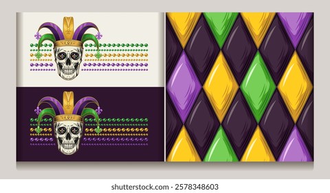 Geometric Mardi Gras pattern with rhombus Harlequin ornament. Horizontal striped label with human skull in jester harlequin hat, fleur de lis symbol, strings of beads. Vintage style