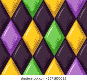 Geometric Mardi Gras pattern with volumetric Harlequin ornament. Diagonal rhombus grid. Vintage style