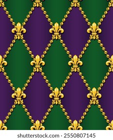 Geometrisches Mardi Gras Muster mit gelbem Fleur de lis Symbol, Perlenketten. Diagonales klassisches Rhombusgitter. Harlekin volumetrische Ornament. Vintage-Stil.