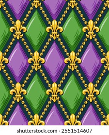 Geometric Mardi Gras pattern with yellow Fleur de lis symbol, strings of beads. Diagonal classic rhombus grid. Harlequin volumetric ornament. Vintage style.