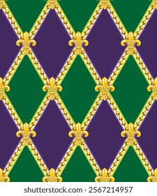 Geometric Mardi Gras pattern with yellow Fleur de lis symbol, strings of beads. Diagonal rhombus grid. Harlequin ornament. Vintage style.