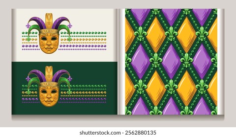 Geometric Mardi Gras rhombus harlequin pattern with green Fleur de lis symbol, strings of beads. Horizontal striped composition with carnival golden venetian face mask in jester hat, strings of beads