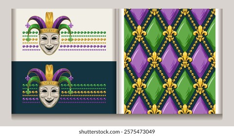 Geometric Mardi Gras rhombus harlequin pattern with yellow Fleur de lis symbol, strings of beads. Horizontal striped composition with comedy mask in jester hat, strings of beads.