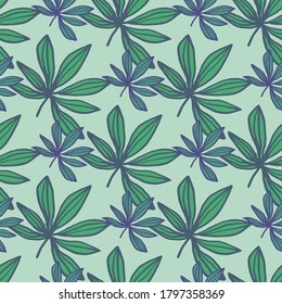 El doodle de marihuana geométrica es un patrón sin fisuras. Ornamento de drogas dibujadas a mano y fondo en tonos verdes y azules. Fondo decorativo para papel pintado, envoltura, impresión textil, tela. Ilustración vectorial.