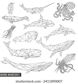 Geometric marine inhabitants set isolated on white background vintage design element