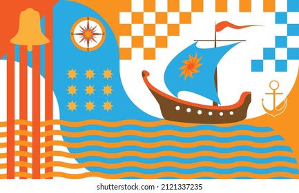 Geometric marine pattern with a sailing ship.