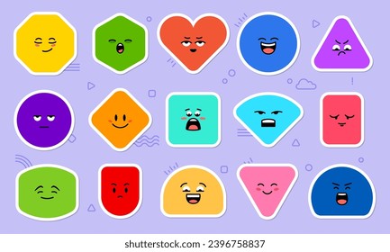 Geometrische mathematische Aufkleber von geometrischen Figuren Form Figuren Form mit Cartoon-Gesichtern, Vektoremoji-Emoticons. Hässlicher Platz, Kreis oder Rhombus und dreieckige geometrische Mathematik-Formen für die Kindererziehung