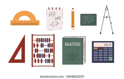 Geometric and mathematic subjects illustrations isolated set. Students education tools. Compass, pencil, ruler, triangle, protractor, math book. Formulas, board, calculator and abacus on white