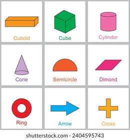 Geometric and mathematical  shapes. Basic geometry prism, cube, cylinder figures, geometric polygon and hexagon shapes vector illustration icons set. Vector illustration. 