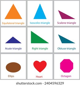 Formas geométricas y matemáticas. Diferente tipo de formas triangulares. Piloto básico de geometría, cubo, figuras de cilindros, polígono geométrico y hexágono formas de ilustración vectorial conjunto.