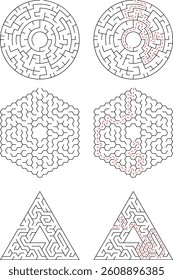 Geometric Maze Collection Solved Path Finding Round Hexagon Triangle Puzzle Vector