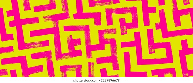 Geometric maze colorful seamless pattern. Brush drawn pink and yellow scribbles. Abstract maze geometric vector background. Irregular labyrinth pattern in bright colors. Hand drawn intricate banner. svg