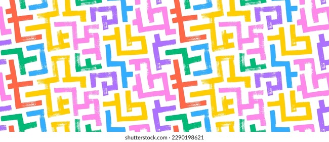 Geometric maze colorful seamless pattern. Brush drawn rainbow colours scribbles. Abstract maze geometric vector background. Irregular labyrinth pattern in bright colors. Hand drawn intricate banner.