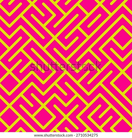 Geometric maze colorful seamless pattern. Brush drawn pink and yellow scribbles. Abstract maze geometric vector background. Irregular labyrinth pattern in bright colors. Hand drawn intricate banner.