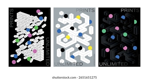 Cubos de labirinto geométricos Cartaz Abstrato Cubo Isométrico Layout com Pontos Coloridos Acentos para Arte Moderna Impressões círculo quadrado padrão cor ponto preto fundo único cartaz visual gráfico design