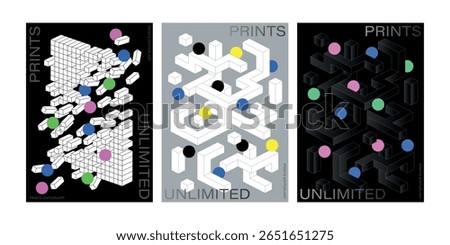 Geometric Maze Cubes Poster Abstract Isometric Cube Layout with Colorful Dot Accents for Modern Art Prints square circle pattern color point black background unique poster flyer visual graphic design