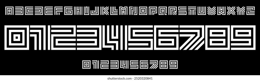 Geometric maze font, bold structured lines, intricate square patterns for futuristic branding, tech designs, sports branding, jersey numbers, team merchandise. Vector typeset