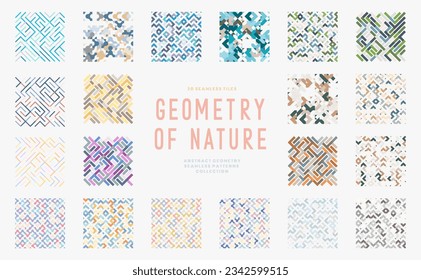 Geometric Maze Patterns. Natural Blue and Green Ornaments and Textures. A Collection of Abstract Seamless Vector Backgrounds