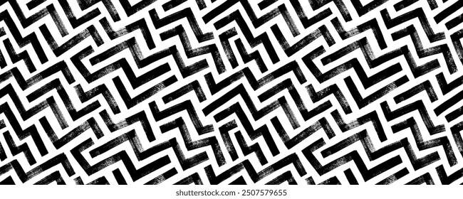 Geometric maze seamless banner design. Abstract geometric labyrinth seamless pattern with zigzag brush strokes. Irregular labyrinth ornament with rough smears. Tribal ethnic, african vector texture.
