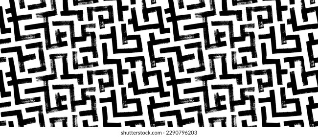 Geometric maze seamless pattern. Brush drawn black scribbles. Abstract maze geometric vector background. Irregular labyrinth pattern. Aztec or African textile print design. 