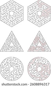 Geometric Maze Set With Solutions Triangle Circle And Hexagon Design Elements