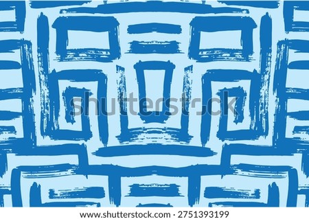 Geometric meander design using artistic paint textures, repetitive blue maze motif, creative tribal style background