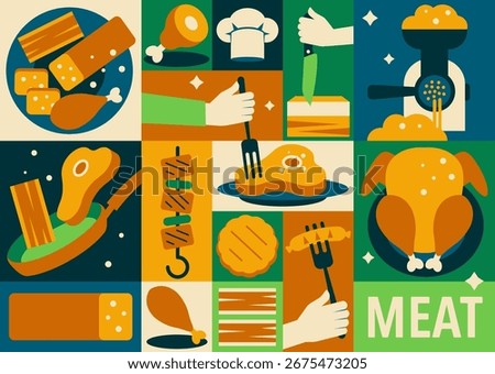 Geometric meat seamless pattern. Butcher shop cuts, organic chicken, beef, pork steaks, ground meat and turkey illustration for grocery store branding and supermarket packaging design