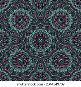 Geometric medallion vector seamless pattern. Ethnic motifs fabric print. Korean traditional seamless ornament. Bohemian medallion scrapbook graphic design. Rug pattern ethnic ornament.