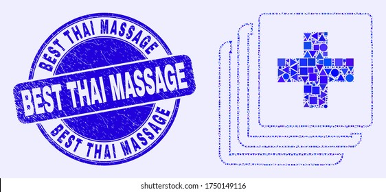 Geometric medical data mosaic icon and Best Thai Massage seal stamp. Blue vector round distress seal stamp with Best Thai Massage caption. Abstract composition of medical data combined of round,