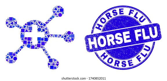 Geometric medical links mosaic pictogram and Horse Flu seal. Blue vector round distress seal stamp with Horse Flu phrase. Abstract mosaic of medical links organized of sphere, triangles,