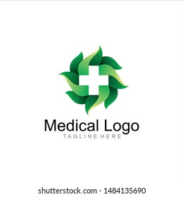 geometric medical & pharmaceutical logo design vector, combined green and little bit yellow color in white background. change able color and work well in both dark and light background