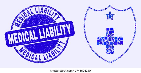 Geometric medical shield mosaic pictogram and Medical Liability seal. Blue vector round grunge seal with Medical Liability message. Abstract mosaic of medical shield combined of round, tringle,