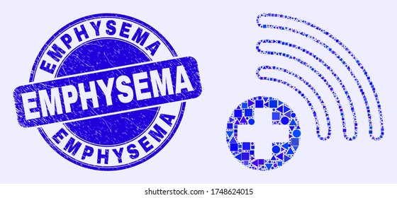Geometric medical source mosaic pictogram and Emphysema seal stamp. Blue vector round distress watermark with Emphysema message. Abstract mosaic of medical source created of round, triangles,