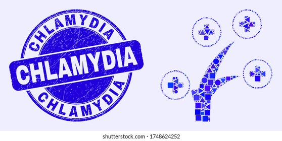 Geometric medical tree mosaic icon and Chlamydia stamp. Blue vector round grunge stamp with Chlamydia message. Abstract mosaic of medical tree done of round, tringle, square geometric elements.