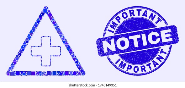 Geometric medical warning triangle mosaic icon and Important Notice seal stamp. Blue vector round grunge seal stamp with Important Notice title.