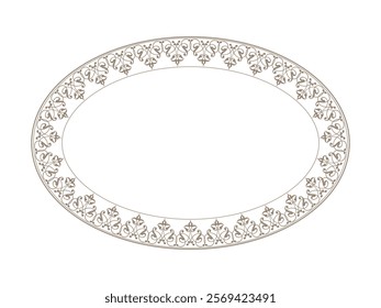 Geometric mediterranean Seamless Pattern, oval gold frame arabesque. Oriental porcelain plate with gold pattern on white background. Pattern frame for oval ceramics, textiles, patchworks, embroidery