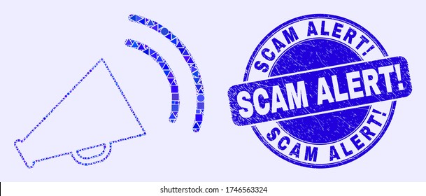 Geometric megaphone sound mosaic icon and Scam Alert! seal stamp. Blue vector rounded distress seal stamp with Scam Alert! title. Abstract mosaic of megaphone sound organized of round, tringle,