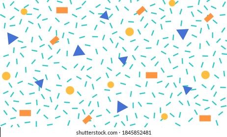 Geometric memphis art style design vector background. Abstract colorful confetti shapes pattern, minimalist crative banner with repeat patterns, vintage 90's style vector design