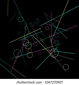 Geometric Memphis Background. Black and White Simple Pattern for Postcard, Print, Banner or Poster. Modern Abstract Background with Rings and Lines. Vector Texture in Trendy Minimalistic Style
